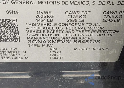 2020 Chevrolet Equinox Fwd Lt 1.5L Turbo z USA, uszkodzony, nr VIN 3GNAXKEV3LS545128